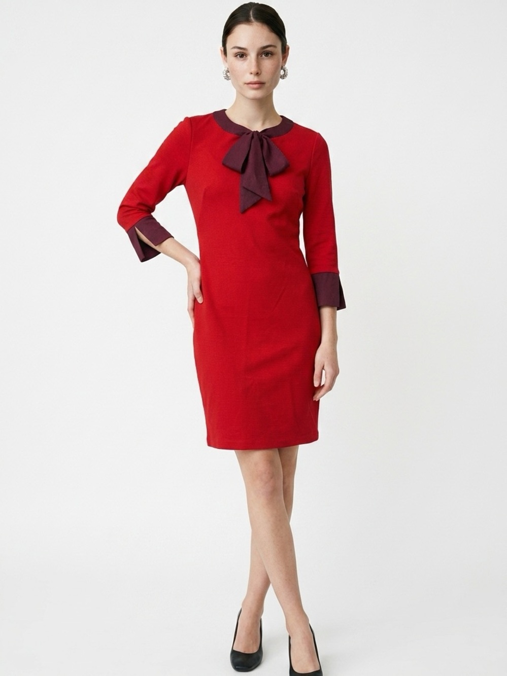 BODEN | Red Sheath Dress with Burgundy Bow & Cuff Trim Women’s Size 4 Petite